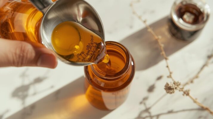 a filled tincture jar used to fill a 50ml amber bottle of tincture poured by hand using a funnel the look and feel should be organic wellness 1